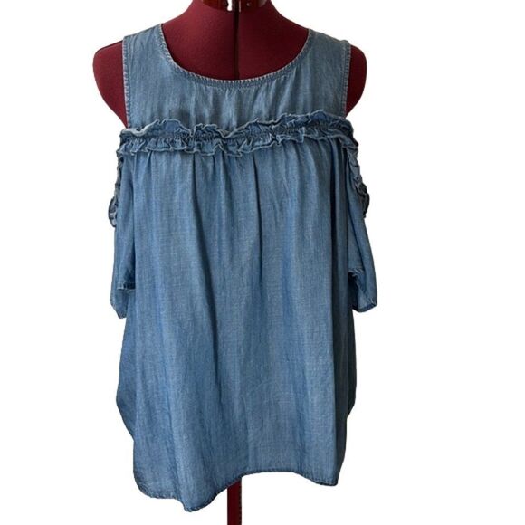 LC Lauren Conrad Blue Chambray Ruffled Pintuck Cold Shoulder Top Size XL NWOT - Picture 1 of 11